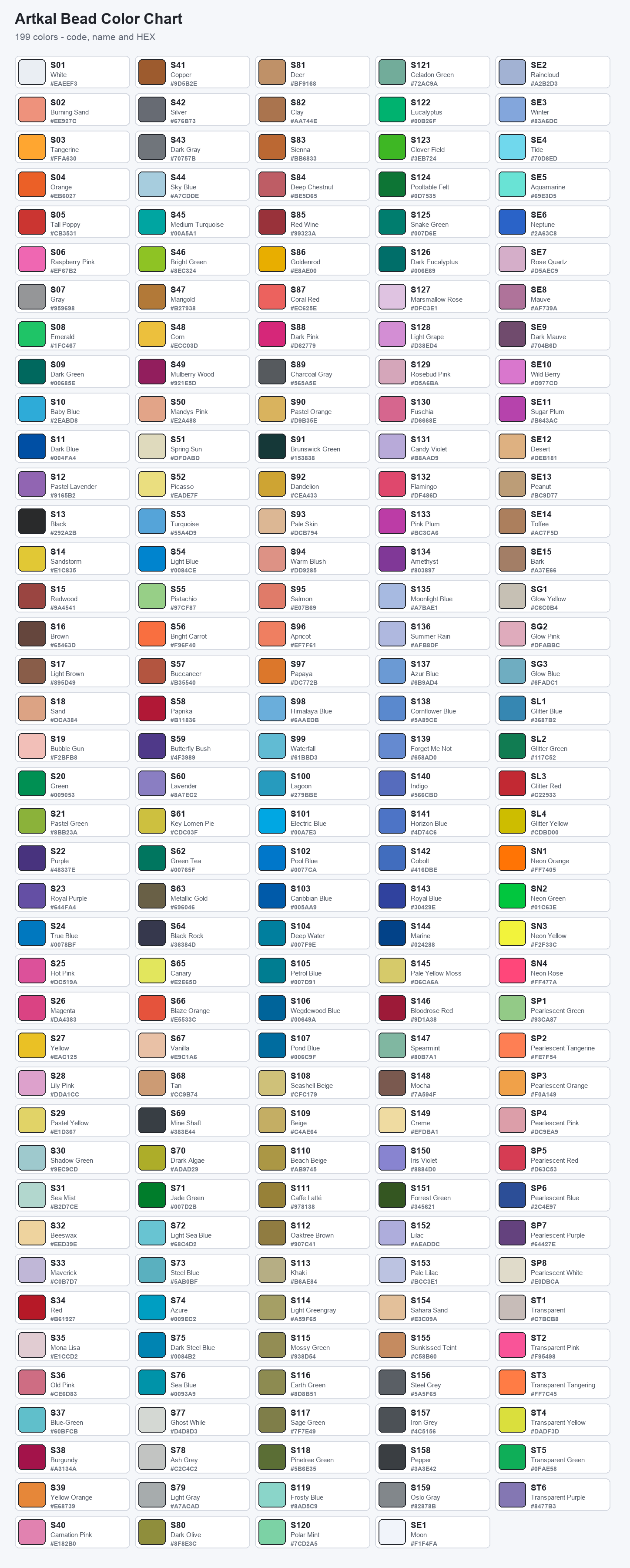 Artkal bead color chart with codes and HEX values