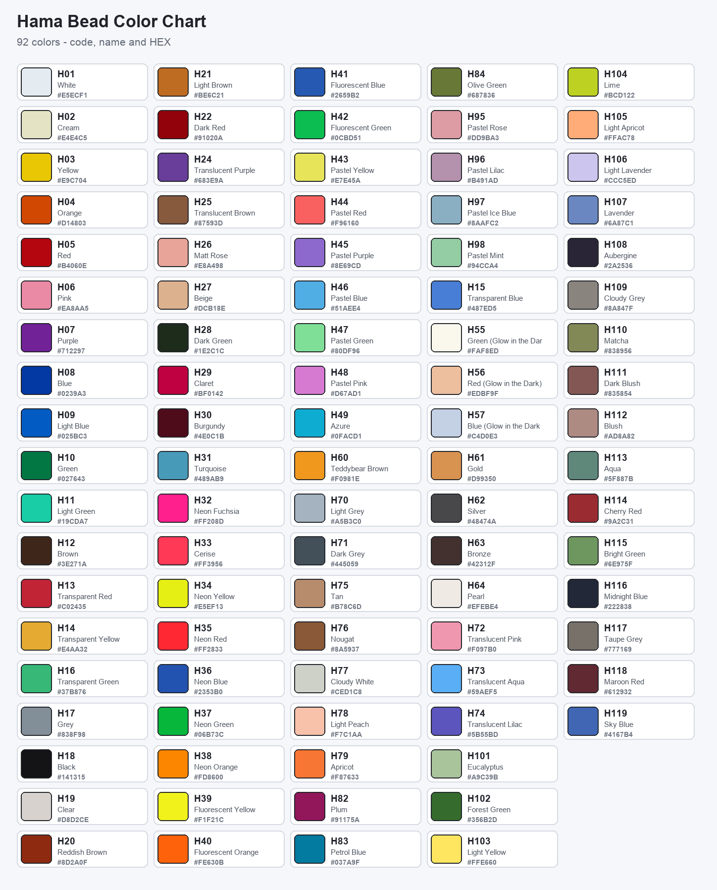 Hama bead color chart with codes and HEX values