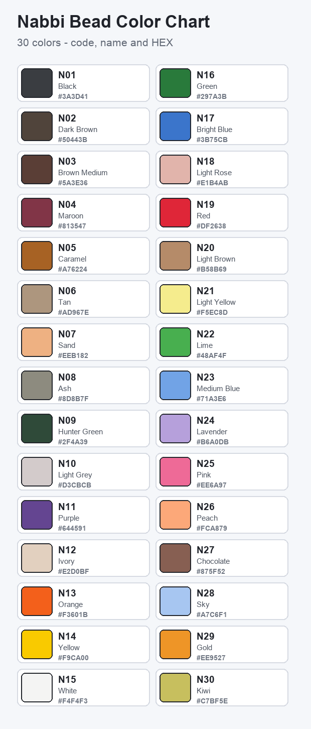 Nabbi bead color chart with codes and HEX values