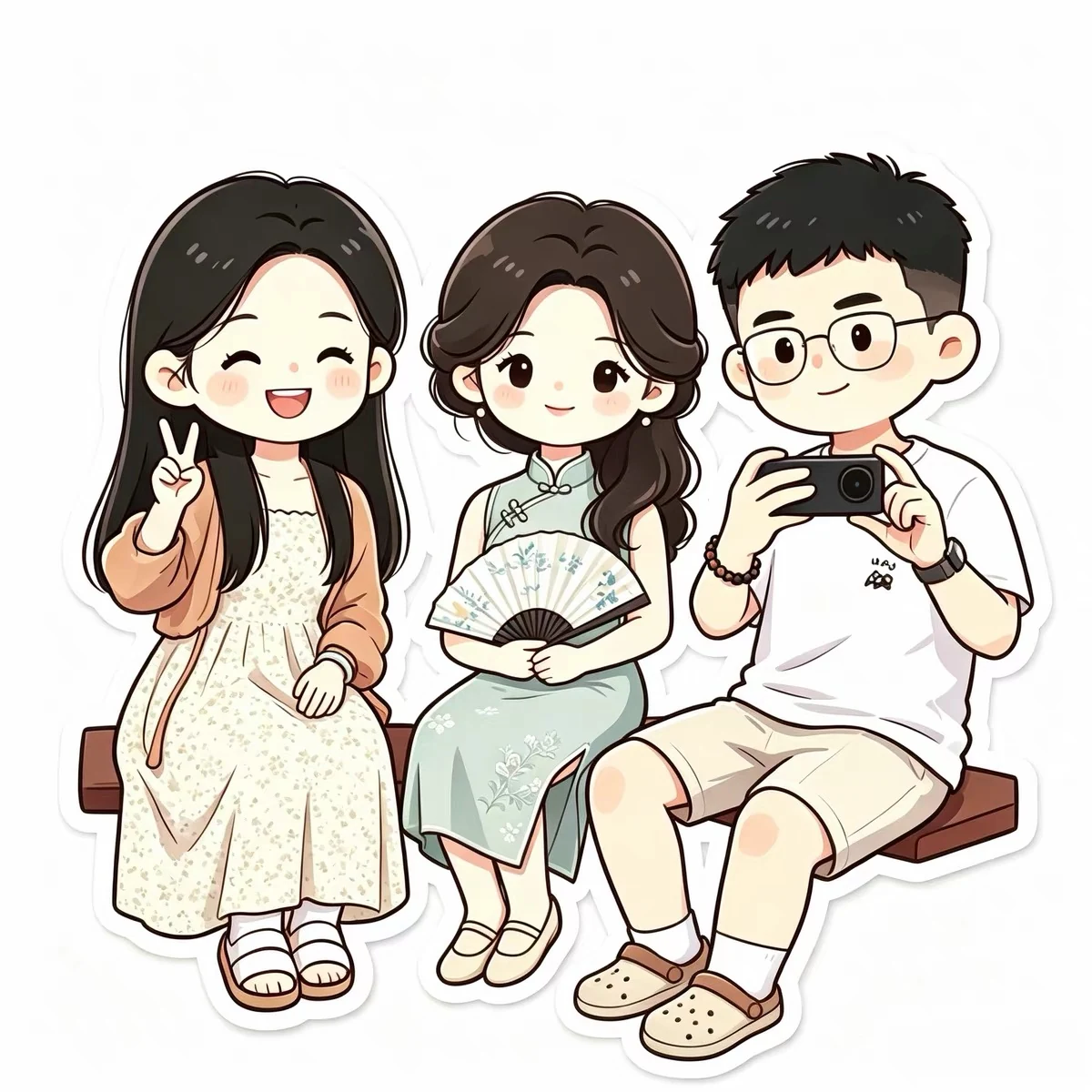 三人 Q 版插画算法测试原图